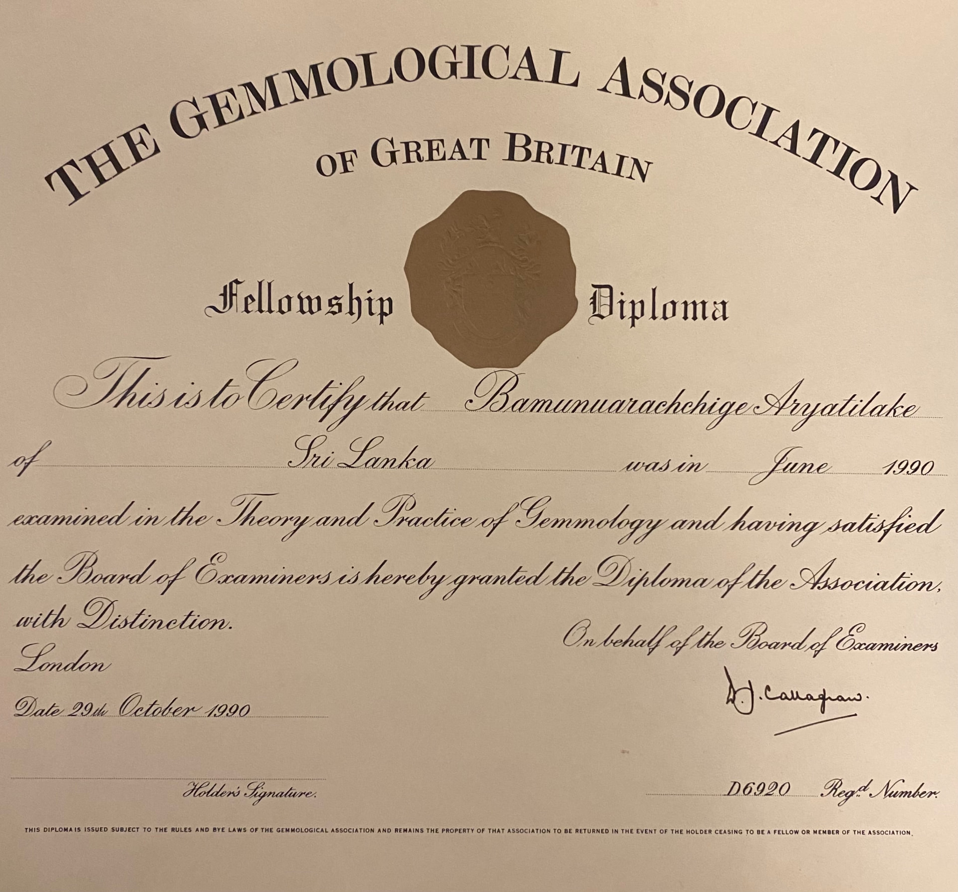 The Gemmological Association of Great Britain Fellowship Diploma for Lalit Ariyathilake