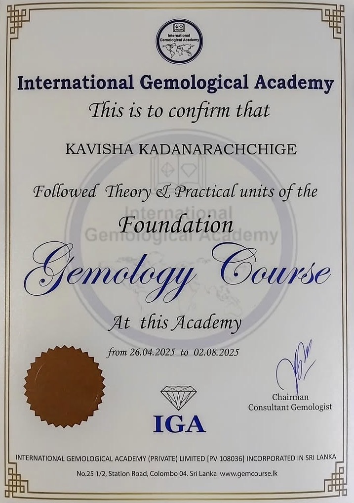 International Gemological Academy Foundation Gemology Course certificate for Kavisha Kadanarachchige