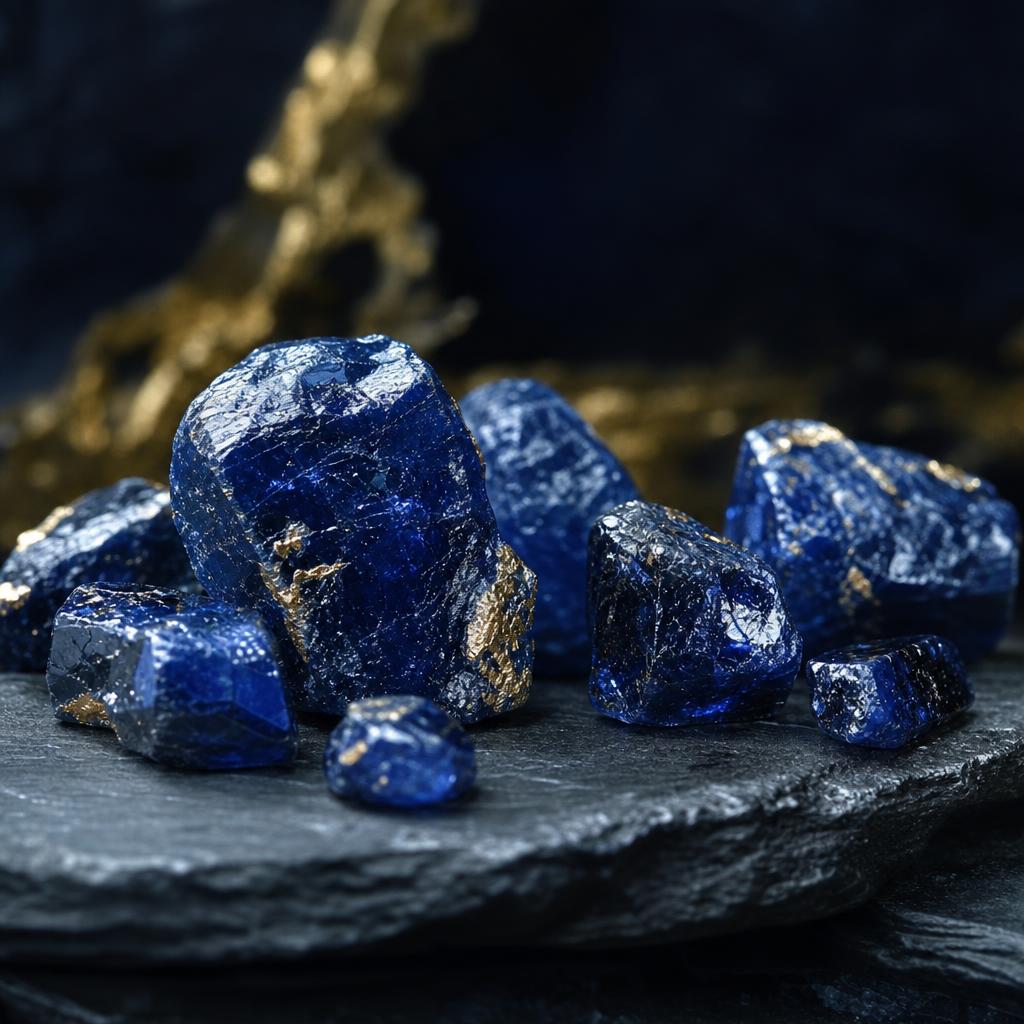 Parcel of rough uncut blue sapphire crystals on dark slate