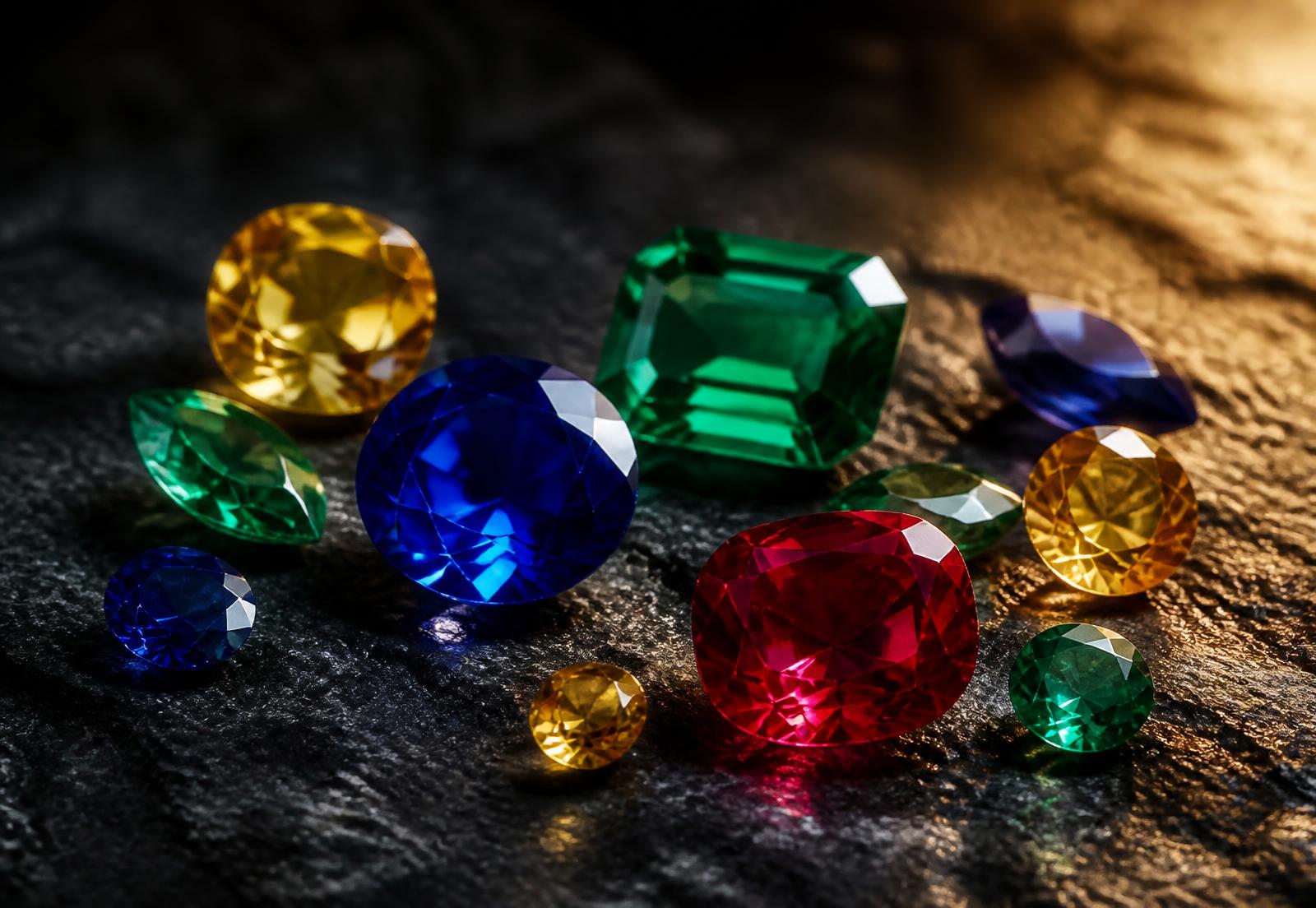 Loose faceted emerald, sapphire, ruby and citrine gemstones on dark stone